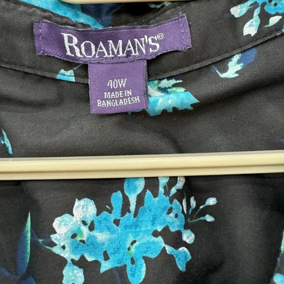 Roamans Floral Top Womens Black Blue Long Sleeve Button Down Shirt Size 40W - Picture 4 of 9